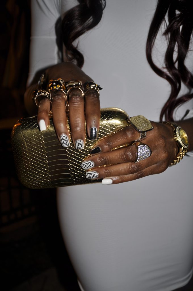 Custom Haus of Falenciago White Long Sleeve Bodcon Dress, Gold Michael Kors Watch, Alexander McQueen Knuckle Duster Inspired Clutch, and Bakers Blue Platform Pumps 5