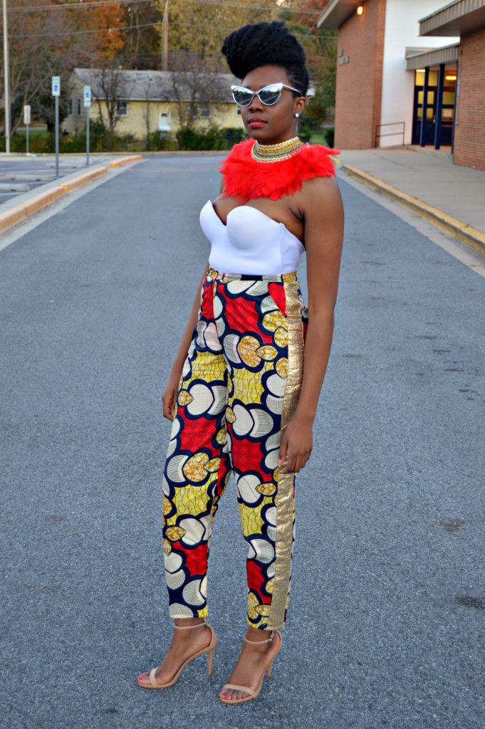 all-things-ankara-fashion-week-2014-day-3-feathers-ankara-white-bustier-daniele-ayele-feather-necklace-and-montrosee-high-waisted-ankara-print-pants-1
