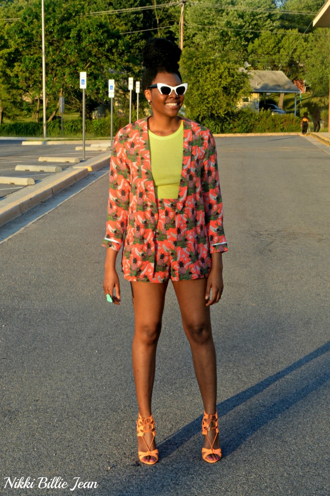 Nikki Billie Jean ASOS Pineapple Print Blazer & Shorts with Steve Madden Maiden Lace Up Sandal Heels 4