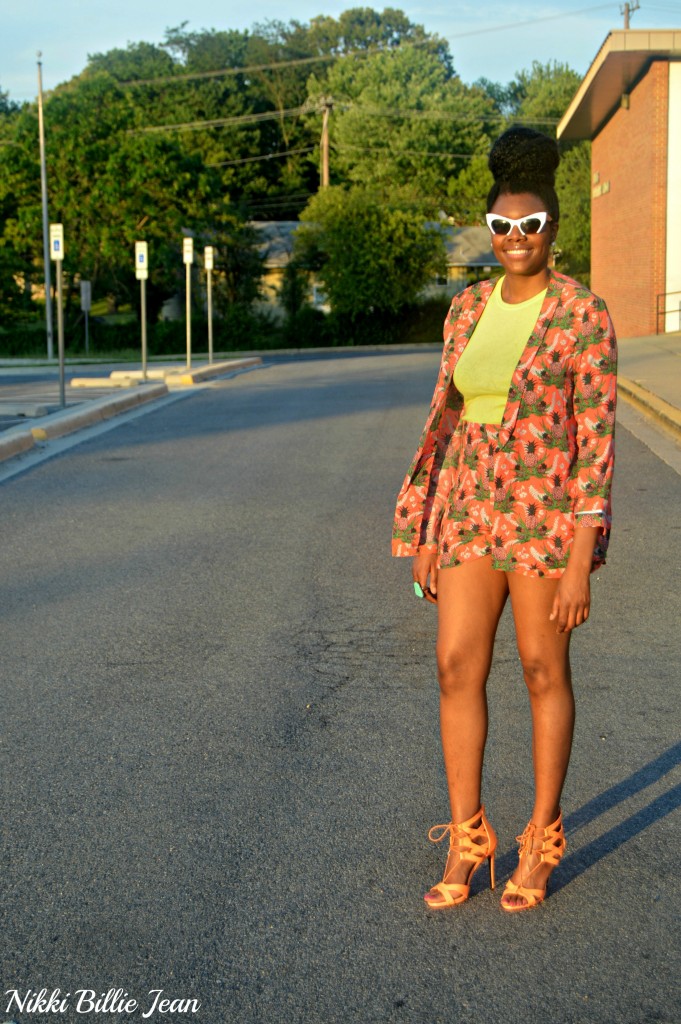 Nikki Billie Jean ASOS Pineapple Print Blazer & Shorts with Steve Madden Maiden Lace Up Sandal Heels 5