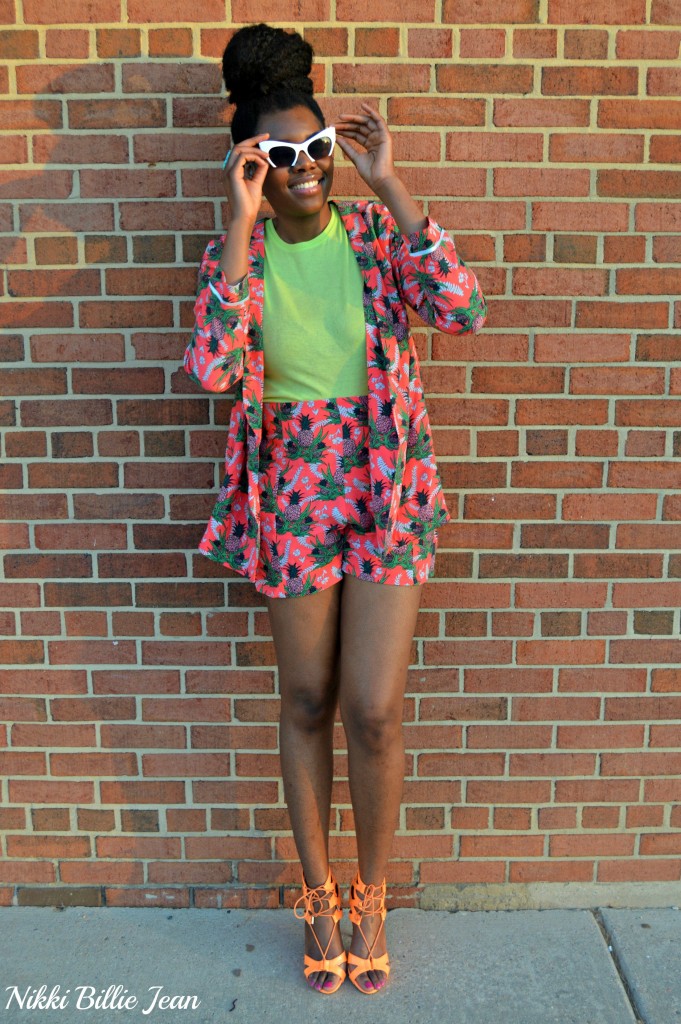 Nikki Billie Jean ASOS Pineapple Print Blazer & Shorts with Steve Madden Maiden Lace Up Sandal Heels 6