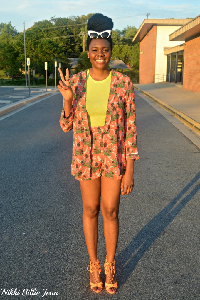Nikki Billie Jean ASOS Pineapple Print Blazer & Shorts with Steve Madden Maiden Lace Up Sandal Heels 9